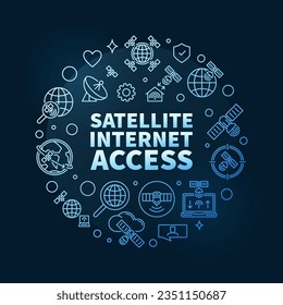 Satellite Internet Access vector thin line blue round banner - Communication Network concept linear illustration with dark background