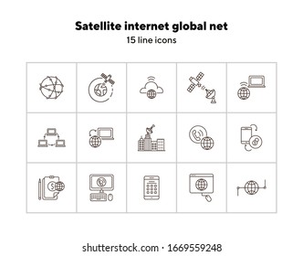 Satellite internet global net thin line icon set. Connection, wireless signal, worldwide network isolated sign pack. Communication services concept. Vector illustration symbol elements for web design