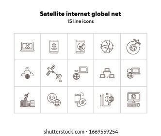 Satellite internet global net thin line icon set. Connection, wireless signal, worldwide network isolated sign pack. Communication services concept. Vector illustration symbol elements for web design