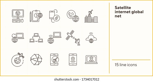 Satellite internet global net thin line icon set. Connection, wireless signal, worldwide network isolated sign pack. Communication services concept. Vector illustration symbol elements for web design