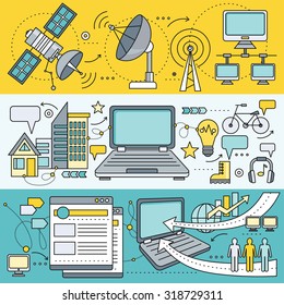 Satellite internet global network providers. Technology wireless, interconnection web, traffic online, connection and communication, wifi web page flow information, worldwide. Set of thin, lines icons