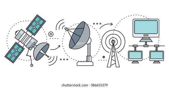 Satellite internet global network providers. Technology wireless, interconnection web, traffic online, connection and communication, wifi webpage, flow information, worldwide. Set of thin, lines icons