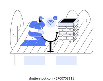Ilustrações isoladas do vetor de desenhos animados via internet por satélite. Técnico instalando internet por satélite, antena de espera, serviço de conexão de rede profissional, cartoon vetorial de alta velocidade de dados.