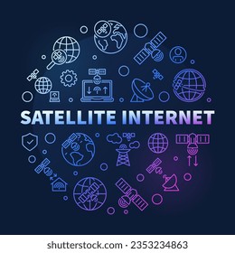 Satellite Internet vector concept outline round colored banner. Technology illustration in thin line style with dark background