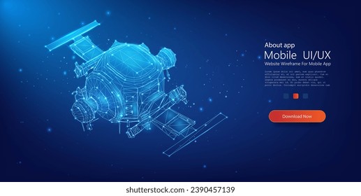 The satellite isolated on blue background. Wireless satellite technology, communication or network concept. Satellite from lines and triangles. Vector illustration