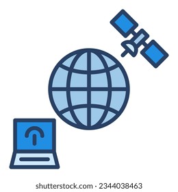 Satélite con portátil y Globe vectorial Satélite Concepto de banda ancha icono azul o elemento de diseño