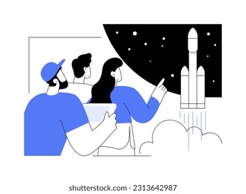 Ilustración abstracta del vector de concepto del lanzamiento de satélites. Grupo de personas diversas observan el lanzamiento de satélites, la ciencia natural, la ciencia espacial, los satélites de comunicaciones metáforas abstractas.