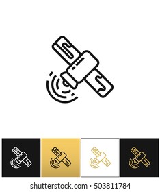 Satellite line sign or broadcasting linear vector icon. Satellite line sign or broadcasting linear program on black, white and gold background
