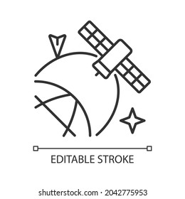 Satellite location in space linear icon. Artifial satelite status, condition information. Thin line customizable illustration. Contour symbol. Vector isolated outline drawing. Editable stroke