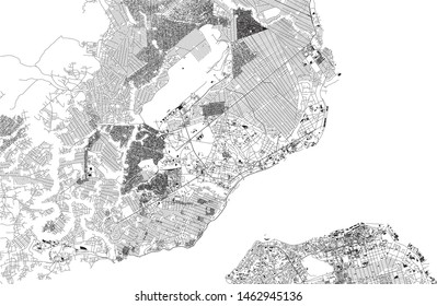 Satellite map of Brazzaville, it is the capital and largest city of the Republic of the Congo . Map of streets and buildings of the town center. Congo River. Africa