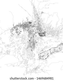 Satellite map of Dushanbe, it is the capital and largest city of Tajikistan. Map of streets and buildings of the town center