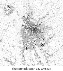 Satellite map of Graz, it is the capital of Styria and the second-largest city in Austria after Vienna. Map of streets and buildings of the town center. Europe