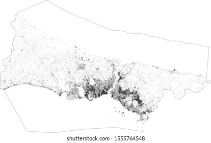 Satellite map of Istanbul and building areas. Turkey. Map roads, ring roads and highways, rivers