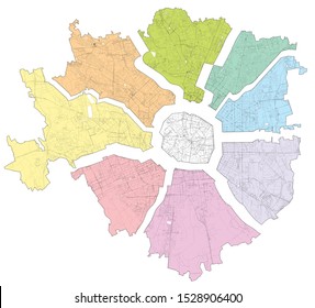 Satellite map of Milan divided into zones and municipalities. Streets of the Lombard capital. Lombardy. Italy