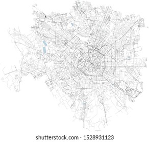 Satellite map, Milan, municipalities, city, map, zones, Lombardy, Italy, Europe, roads, ring roads and 