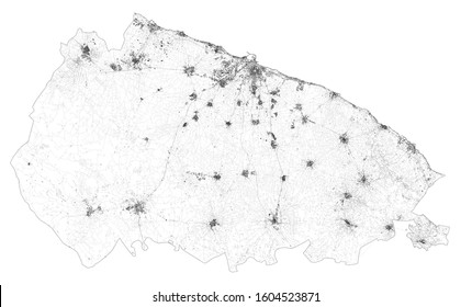 Satellite map of Province of Bari towns and roads, buildings and connecting roads of surrounding areas. Puglia region, Italy. Map roads, ring roads
