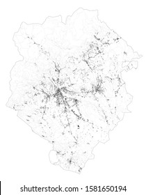 Satellite map of province of Biella, towns and roads, buildings and connecting roads of surrounding areas. Piedmont, Italy. Map roads, ring roads