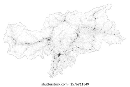 Satellite map of province of Bolzano, towns and roads, buildings and connecting roads of surrounding areas. Trentino Alto Adige, Italy. Map roads, ring roads