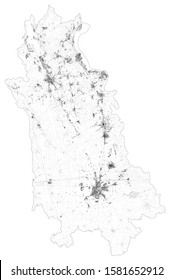 Satellite map of province of Novara, towns and roads, buildings and connecting roads of surrounding areas. Piedmont, Italy. Map roads, ring roads