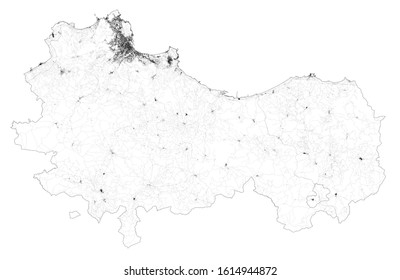 Satellite map of Province of Palermo towns and roads, buildings and connecting roads of surrounding areas. Sicily region, Italy. Sicilia. Map roads, ring roads