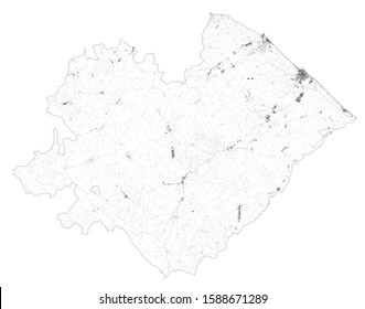 Satellite map of Province of Pesaro e Urbino towns and roads, buildings and connecting roads of surrounding areas. Marche region, Italy. Map roads, ring roads