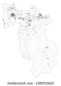 Satellite map of province of Pisa, towns and roads, buildings and connecting roads of surrounding areas. Tuscany, Italy. Map roads, ring roads