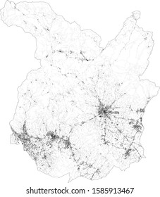 Satellite map of province of Pistoia, towns and roads, buildings and connecting roads of surrounding areas. Tuscany, Italy. Map roads, ring roads