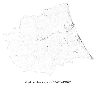 Satellite map of Province of Teramo, towns and roads, buildings and connecting roads of surrounding areas. Abruzzo region, Italy. Map roads, ring roads