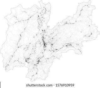 Satellite map of province of Trento, towns and roads, buildings and connecting roads of surrounding areas. Trentino Alto Adige, Italy. Map roads, ring roads