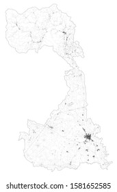 Satellite map of province of Vercelli, towns and roads, buildings and connecting roads of surrounding areas. Piedmont, Italy. Map roads, ring roads
