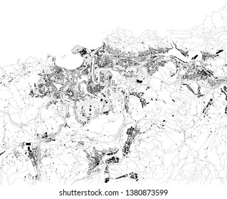 Satellite map of San Sebastián or Donostia, it is a coastal city and municipality located in the Basque Autonomous Community, Spain. Map of streets and buildings of the town center. Europe
