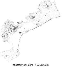 Satellite map of Venice and surrounding areas. Veneto, Italy. Map roads, ring roads and highways, rivers, railway lines