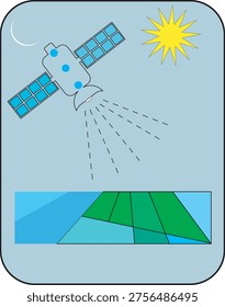 Satellite mapping vector icon with orbiting spacecraft scanning agricultural land and water surface