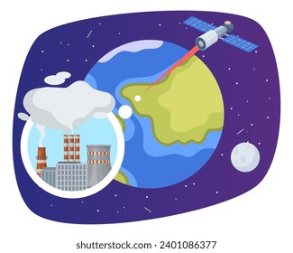 Satellite measuring concentration of air pollutants in atmosphere of Earth. Vector illustration of smoking factory pipes, planet, spacecraft. Tracking pollutants, air pollution, environment concept