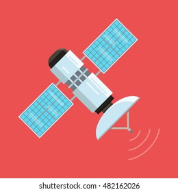 Satellite, modern flat icon on red background. Flat vector illustration. Wireless satellite technology. World global net.
