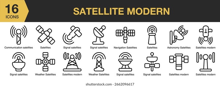 Conjunto de iconos Satellite Modern. Incluye satélite, comunicación, tecnología, red, Internet y más. Colección de Vector de iconos de contorno.