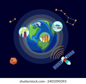 Satellite monitoring air pollutants in atmosphere of Earth. Vector illustration of smoking factory pipes, vehicle emissions, pollution of fire. Tracking pollutants, air pollution, environment concept