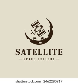 satellite at moon logo vintage vector illustration template icon graphic design. aerospace sign or symbol for astronomy concept with retro style