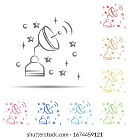 Satelliten-mehrfarbiges Symbol. Element des Raums, handgezeichnet, Symbol auf weißem Hintergrund