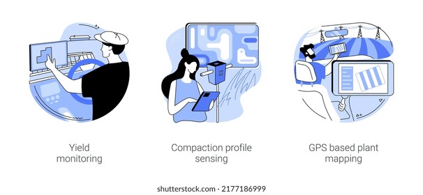 Satellite navigation in agriculture isolated cartoon vector illustrations set. Yield monitoring, soil compaction profile sensing, GPS based plant mapping, precision agriculture vector cartoon.