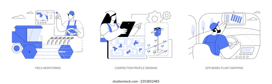 Satellite navigation in agriculture isolated cartoon vector illustrations set. Yield monitoring, soil compaction profile sensing, GPS based plant mapping, precision agriculture vector cartoon.