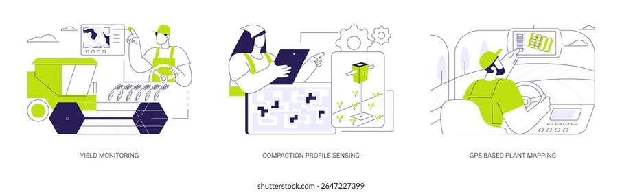Satellite navigation in agriculture isolated cartoon vector illustrations set. Yield monitoring, soil compaction profile sensing, GPS based plant mapping, precision agriculture vector cartoon.