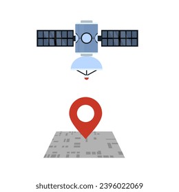 Satellitennavigation. Weltraumsatellit bestimmt die Position auf der Karte, Vektorgrafik