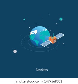Satellite on the orbit. Concept vector illustration.