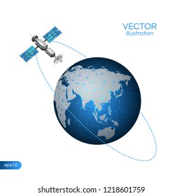 Satellite In Orbit Around Earth. Space Satelite surrounding the planet. Vector stock illustration. File eps10