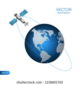 Satellite In Orbit Around Earth. Space Satelite surrounding the planet. Vector stock illustration