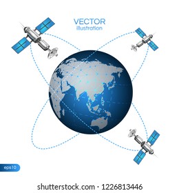 Satellite In Orbit Around Earth. Space Satelite surrounding the planet. Vector stock illustration.