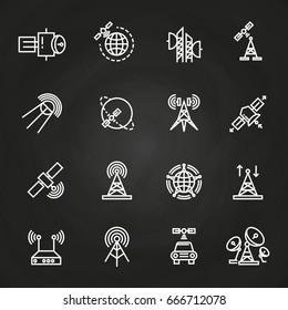 Satellite and orbit communication thin line icons on blackboard. Vector illustration