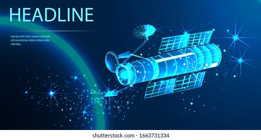 Satellite in orbit of the Earth. View from space. Low poly wireframe style. Vector