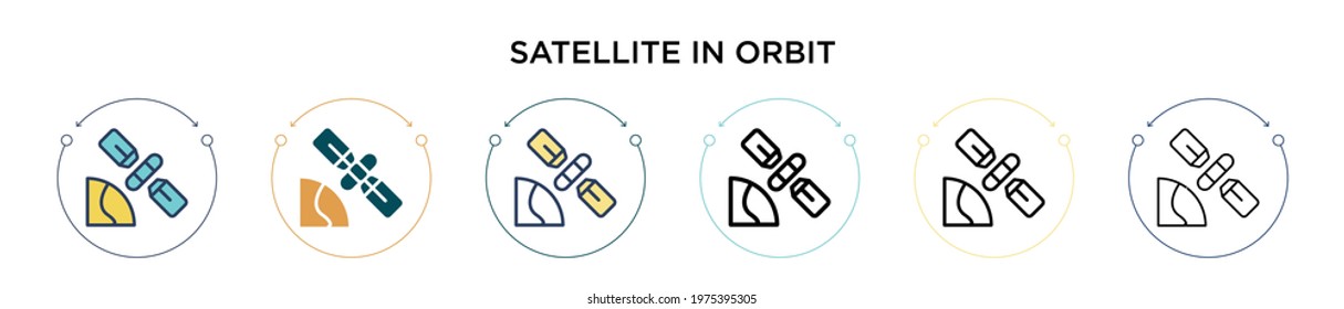 Satellite in orbit icon in filled, thin line, outline and stroke style. Vector illustration of two colored and black satellite in orbit vector icons designs can be used for mobile, ui, web